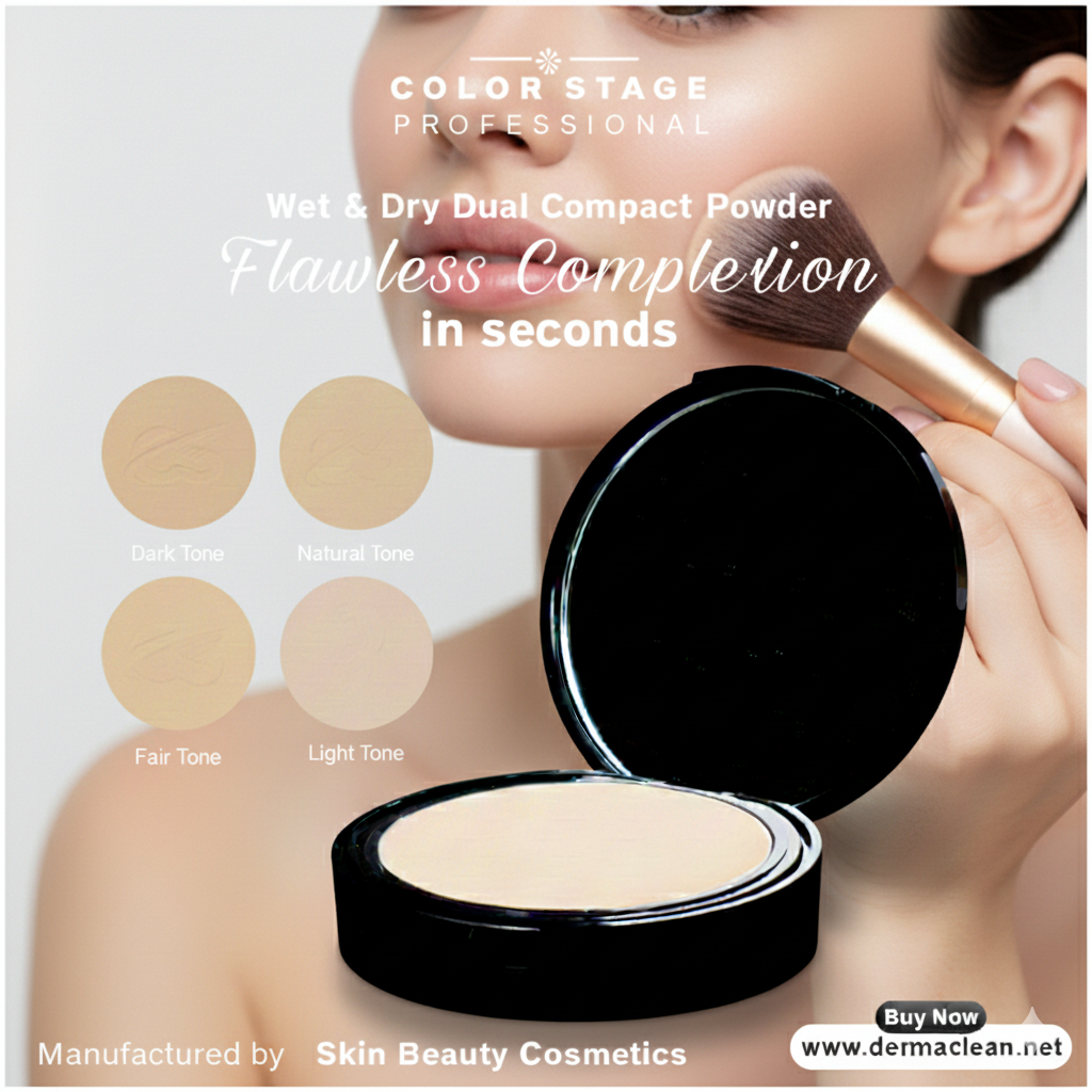 Advertisement for Color Stage Professional wet & dry dual compact powder with a woman applying makeup.